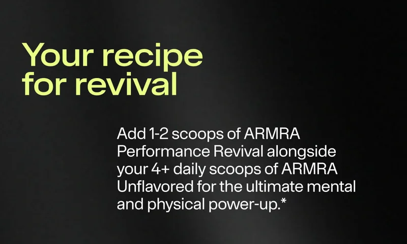 Text-based graphic explaining how to combine ARMRA Unflavored and Performance Revival scoops for daily use.