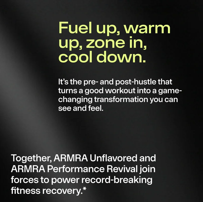 Bold headline reading “Fuel up, warm up, zone in, cool down” with supporting text about pre- and post-workout benefits.