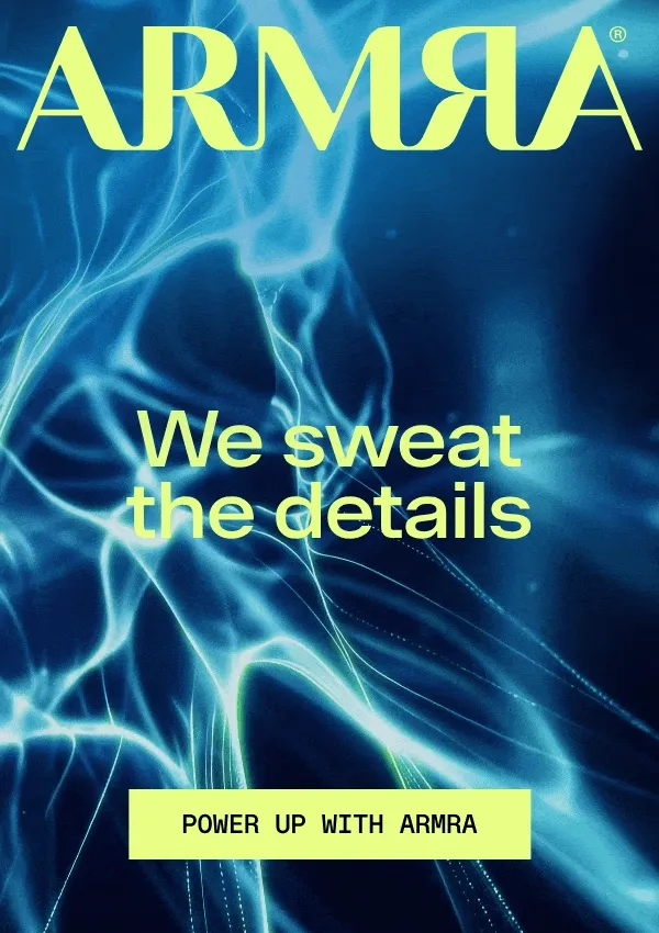 Abstract blue energy-like visuals with ARMRA logo and the headline “We sweat the details,” plus a Power Up With ARMRA button.