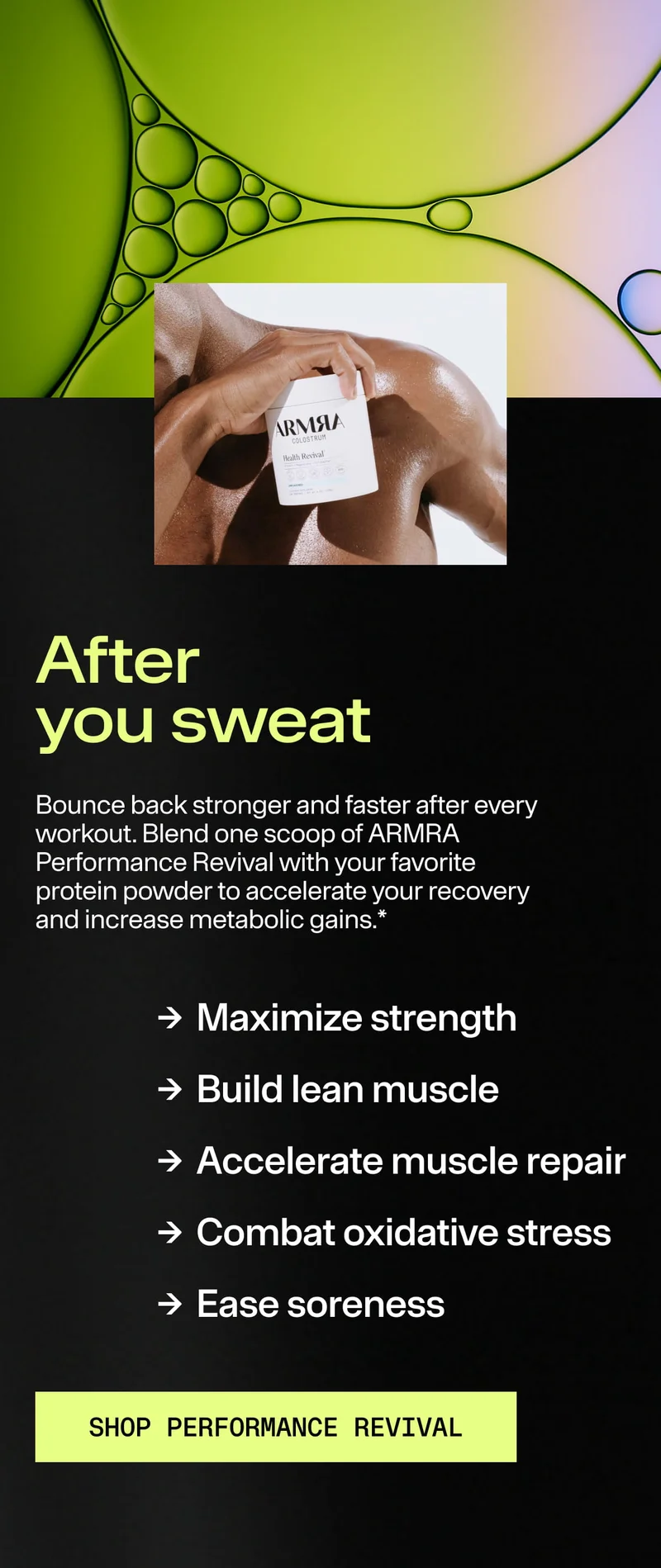 After-workout section showing a person holding ARMRA Colostrum with text about recovery, strength, and easing soreness.