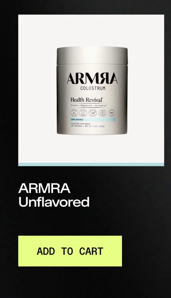 Product card displaying the ARMRA Unflavored Colostrum jar with Add to Cart button.