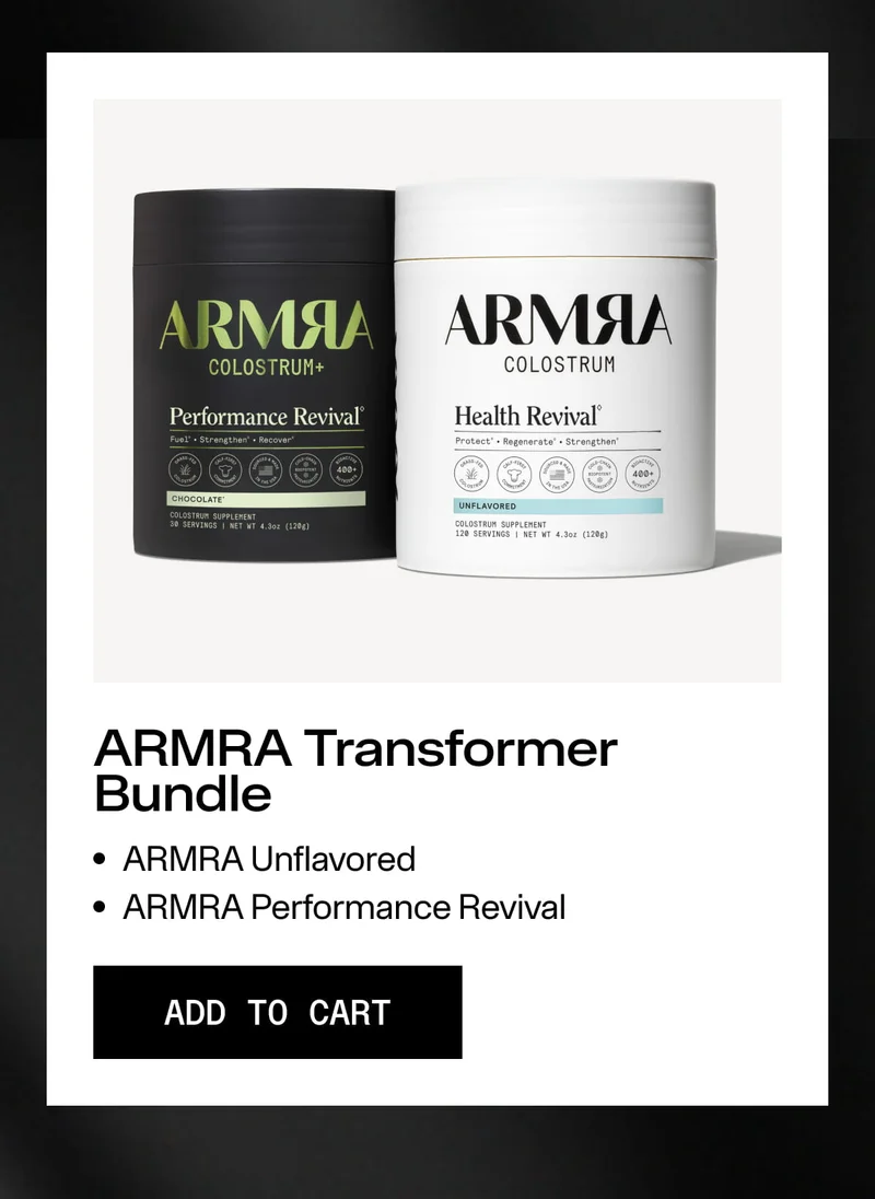 Product card featuring the ARMRA Transformer Bundle with Unflavored and Performance Revival jars and an Add to Cart button.