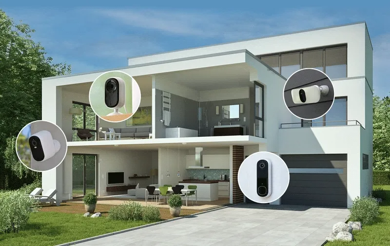 Various Arlo security products positioned around the cross-section view of a house.