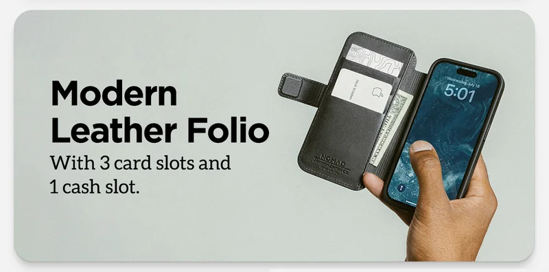 Modern Leather Folio. With three card slots and one cash slot.