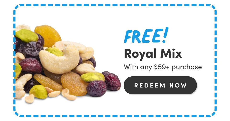 Nuts.com; FREE! Royal Mix with any $59+ purchase. REDEEM NOW