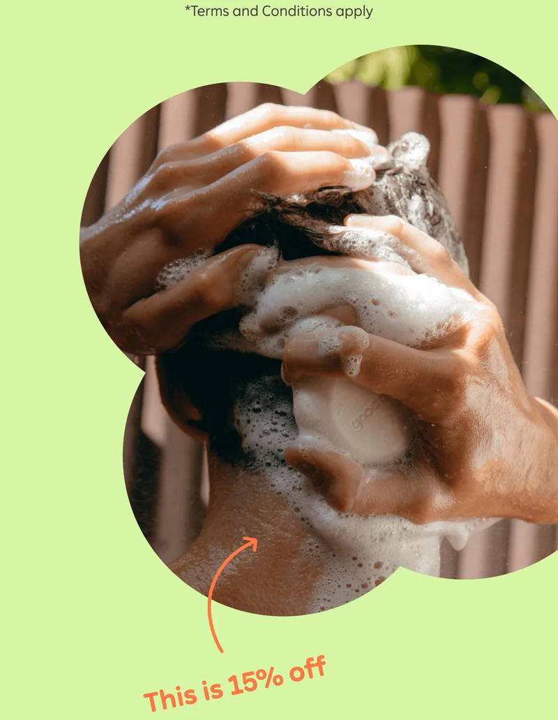 *Terms and Conditions apply. Image: Washing hair with the Good Time Hydrating Shampoo Bar. This is 15% off!