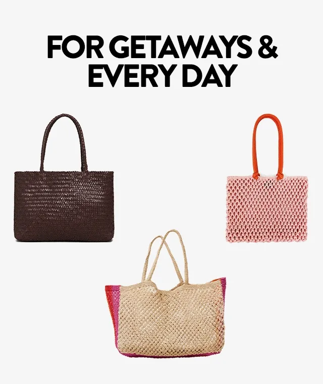An assortment of crocheted, woven, beaded and embroidered bags.