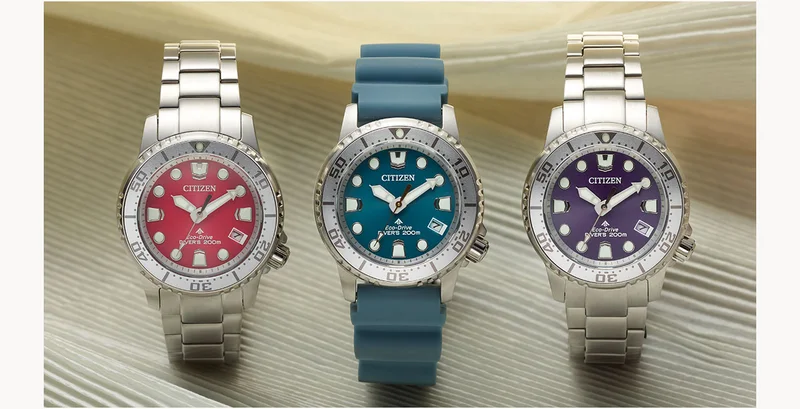 Available in red, blue and purple—like most Promaster watches, sustainably powered by Eco-Drive technology—never needs a battery.