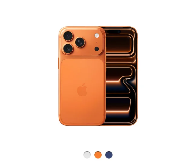 iPhone 17 Pro, cosmic orange color, back, Pro Fusion camera system upper left, triple lenses, flash, centered Apple logo, Dynamic Island centered near top, all-screen design, available in three colors