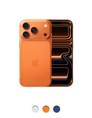 iPhone 17 Pro, cosmic orange color, back, Pro Fusion camera system upper left, triple lenses, flash, centered Apple logo, Dynamic Island centered near top, all-screen design, available in three colors