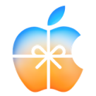 A spectrum of colors flows across the top of screen, blue, orange, and yellow, Apple logo wrapped in a bow, containing a seamless transition of colors: stemming from cool blue color at top to warm orange color at bottom