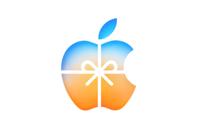 Apple logo wrapped in a bow, containing a seamless transition of colors: stemming from cool blue color at top to warm orange color at bottom