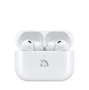 AirPods Pro 3, front, top half, white color, black speaker opening, earbuds with silicone tips, charging case, front, open, white color, external LED indicator, engraving