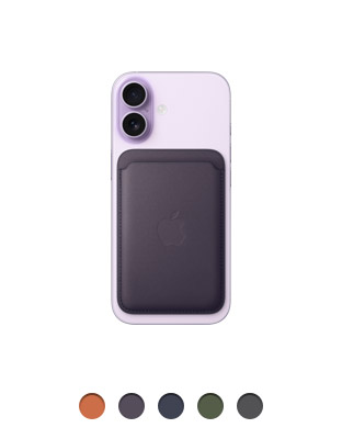 iPhone 17, back, lavender color, camera system, midnight purple FineWoven wallet with MagSafe, Apple logo in center, available in five colors