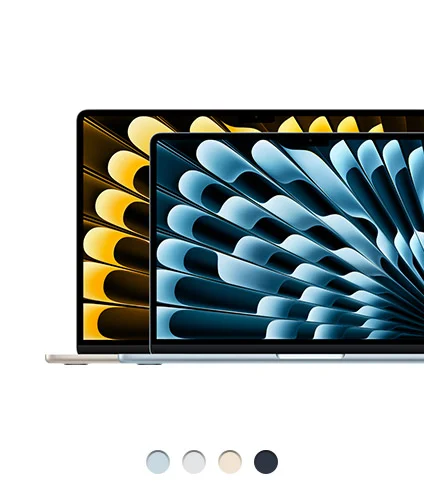15-inch MacBook Air, starlight color, 13-inch MacBook Air, silver color, front, open, display, trackpad center front, rounded feet at base, available in four colors