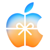 A spectrum of colors flows across the top of screen, blue, orange, and yellow, Apple logo wrapped in a bow, containing a seamless transition of colors: stemming from cool blue color at top to warm orange color at bottom