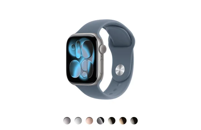 Apple Watch Series 11, front, space gray color aluminum case, anchor blue color Sport band, Digital Crown, microphone with Voice Isolation, side button, available in four aluminum finishes and three titanium finishes