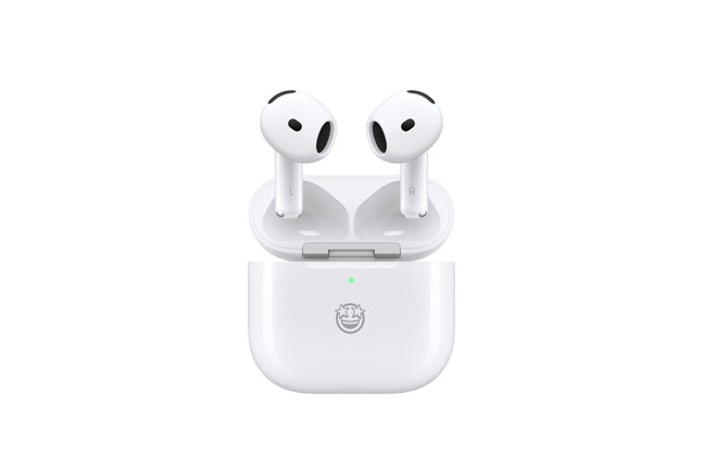 AirPods 4, front, white color, oval shape, short stems, seamless construction with black speaker opening, charging case, front, open, white color, external LED indicator, engraving