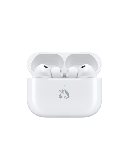 AirPods Pro 3, front, top half, white color, black speaker opening, earbuds with silicone tips, charging case, front, open, white color, external LED indicator, engraving