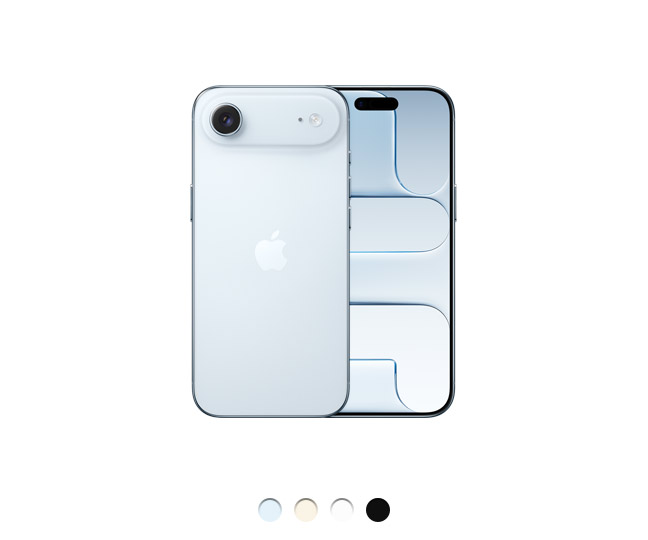 iPhone Air, sky blue color, back, single-lens camera system upper left, centered Apple logo, front, Dynamic Island centered near top, thin black display bezel, all-screen design, available in four colors