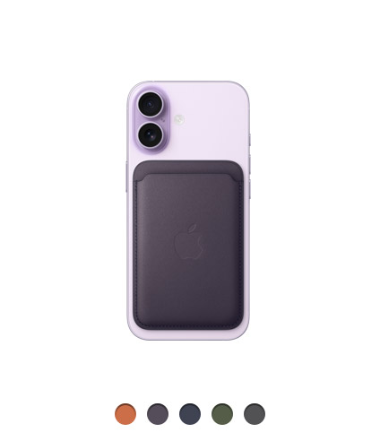 iPhone 17, back, lavender color, camera system, midnight purple FineWoven wallet with MagSafe, Apple logo in center, available in five colors
