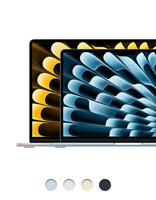 15-inch MacBook Air, starlight color, 13-inch MacBook Air, silver color, front, open, display, trackpad center front, rounded feet at base, available in four colors