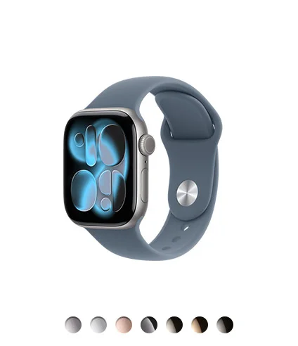 Apple Watch Series 11, front, space gray color aluminum case, anchor blue color Sport band, Digital Crown, microphone with Voice Isolation, side button, available in four aluminum finishes and three titanium finishes