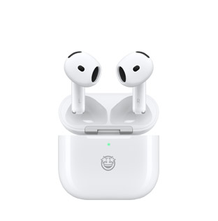 AirPods 4, front, white color, oval shape, short stems, seamless construction with black speaker opening, charging case, front, open, white color, external LED indicator, engraving