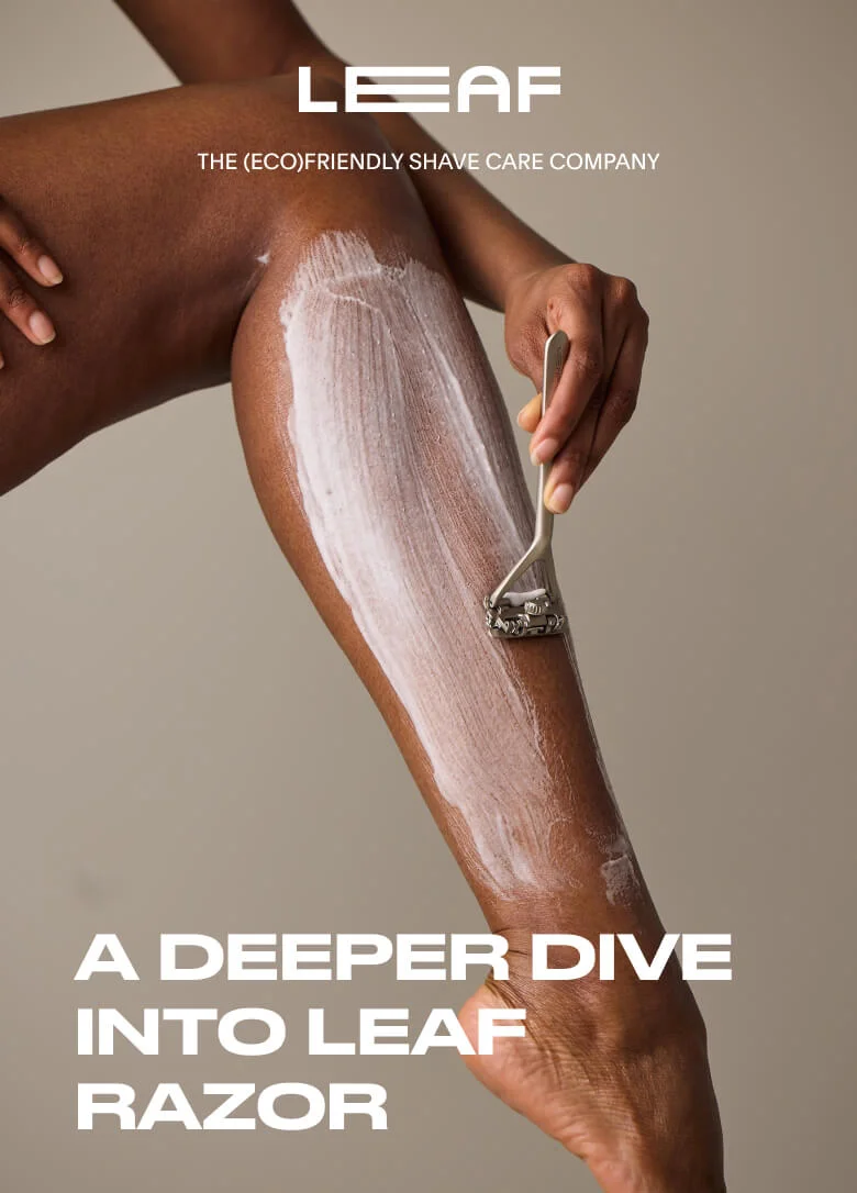 LEAF logo, the eco friendly shave company, three people in athletic wear holding leaf shave razors