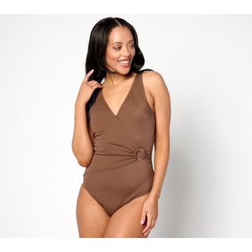 Susan Graver Soleil Wrap Front Swimsuit with Ring Detail
