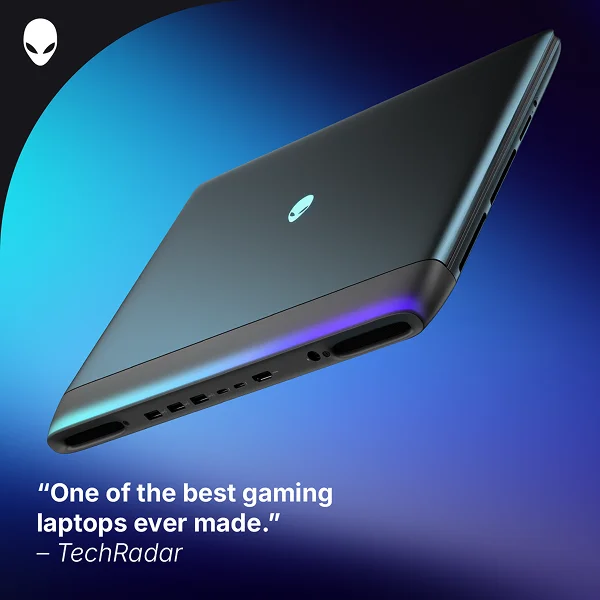 An Alienware 16 Area-51 Gaming Laptop computer and a quote from TechRadar, “One of the best gaming laptops ever made.”
