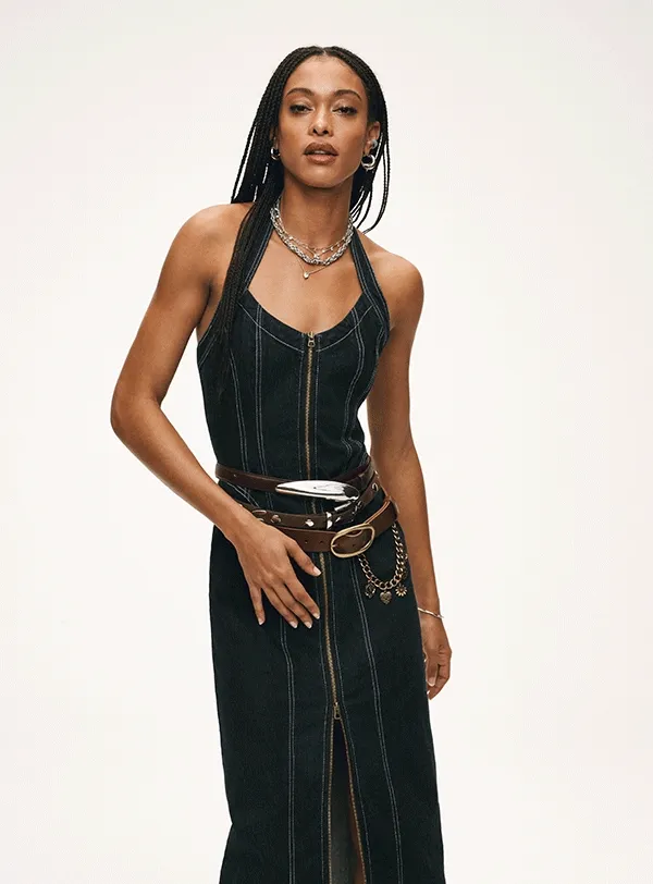 Denim dress with belts