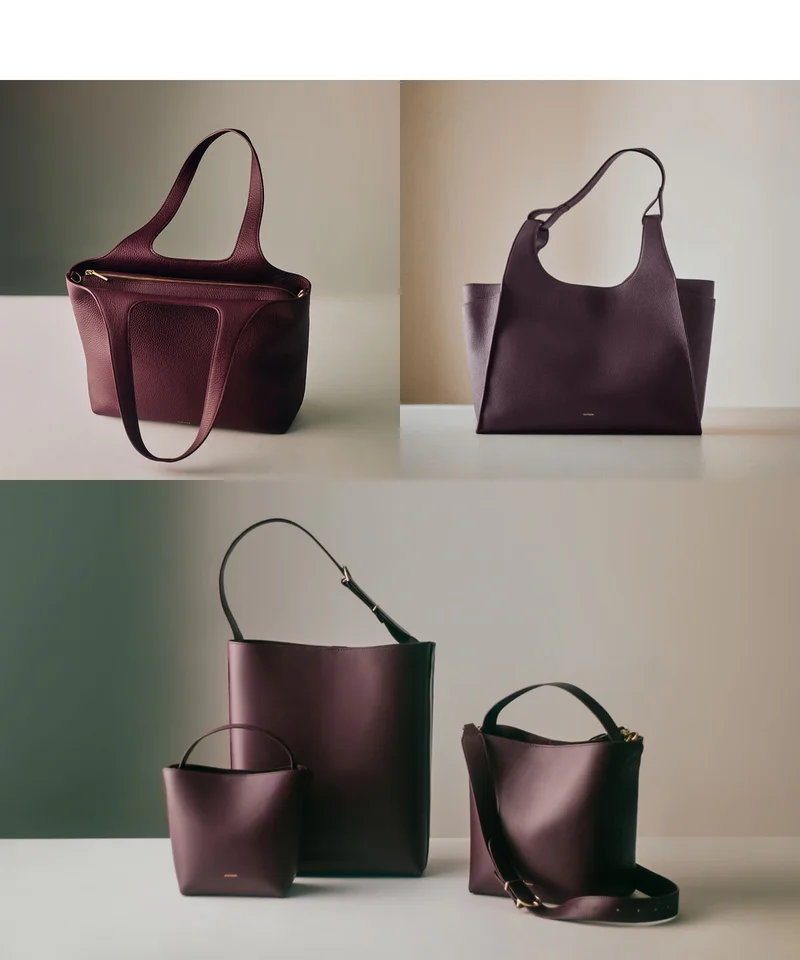 System Zipper Tote Cherry, Double Loop Satchel Plum, Linea Bucket Family Plum