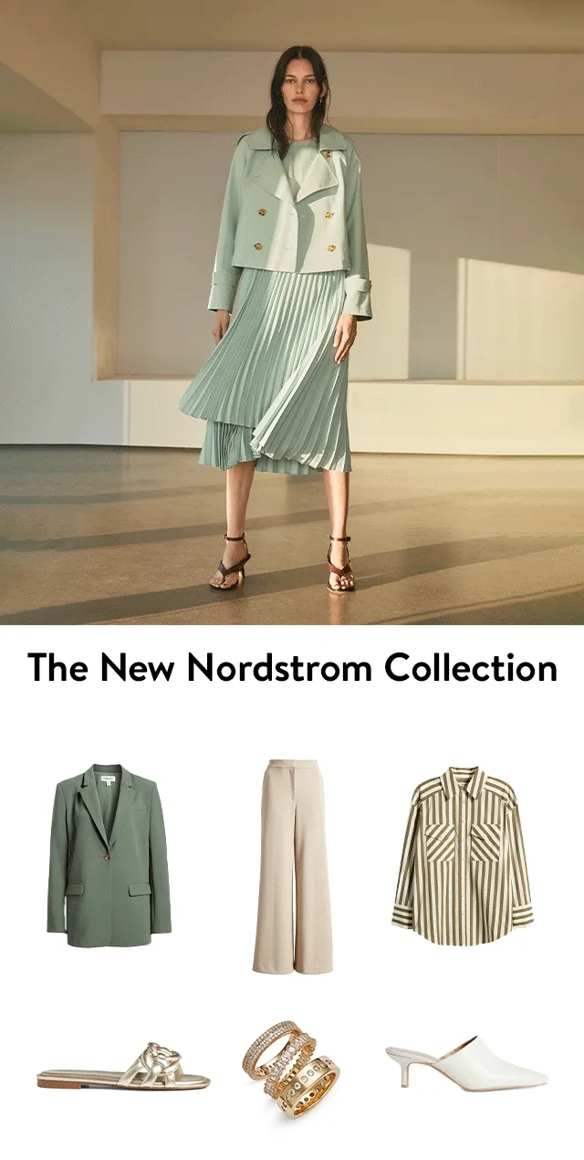 Model wearing pieces from the new Nordstrom collection. A blazer, trousers, a striped button-up shirt, a slide sandal, a three-piece ring set and a white mule.