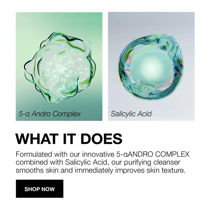 5-aANDRO Complex | Salicylic Acid | WHAT IT DOES | Formulated with our innovative 5-aANDRO COMPLEX combined with Salicylic Acid, our purifying cleasner smooths skin and immediatly improves skin texture. | SHOP NOW