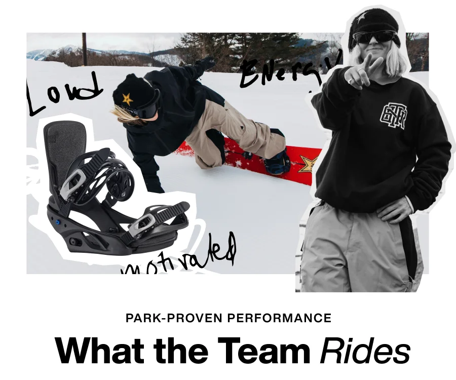 Burton Rider, Ylfa riding in the park with an overlay image of Burton Bindings with the text 'What the Team Rides'