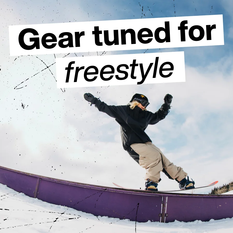Burton Rider, Ylfa sliding a rail on a Burton Snowboard and in Burton Outerwear, with the text 'Gear tuned for freestyle'