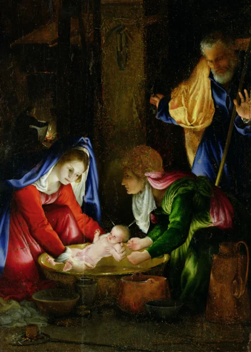 In the time of Jesus' birth, midwives played a central role in births across the Roman Empire. They also publicly attested to questions about pregnancy or virginity. In this 15th-century work by Lotto Lorenzo, a midwife (right) appears alongside the baby Jesus and Mary.