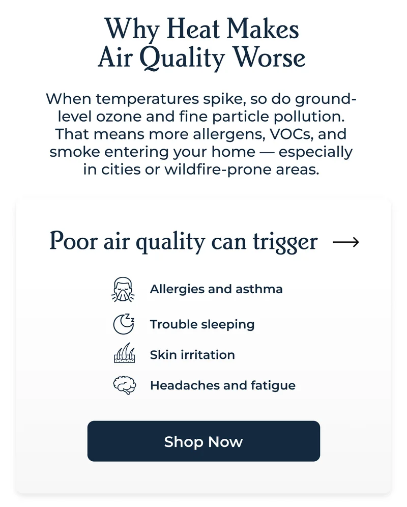 Why Heat Makes Air Quality Worse | When temperatures spike, so do ground-level ozone and fine particle pollution. That means more allergens, VOCs, and smoke entering your home — especially in cities or wildfire-prone areas.