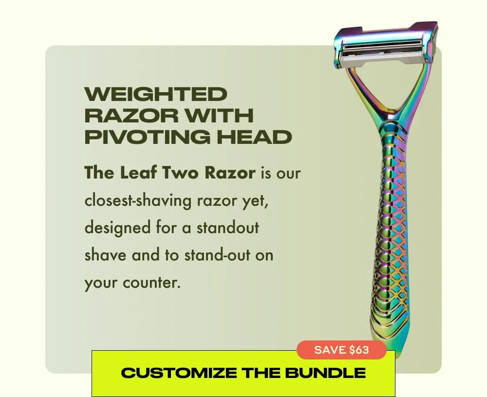 Leaf Two razor with iridescent rainbow finish and geometric patterned handle, featuring promotional text about weighted design and pivoting head with bundle customization offer