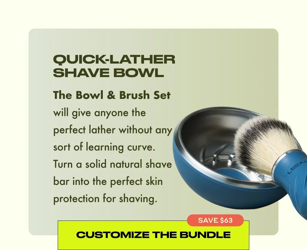 Blue shave bowl with badger hair brush promotional image for Quick-Lather Shave Bowl bundle with customization option and $63 savings