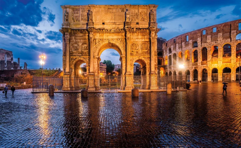 A photo of the largest—and last—surviving triumphal arch built in Rome during antiquity, the Arch of Constantine was erected by order of Emperor Constantine from A.D. 312 to 315, near the Colosseum