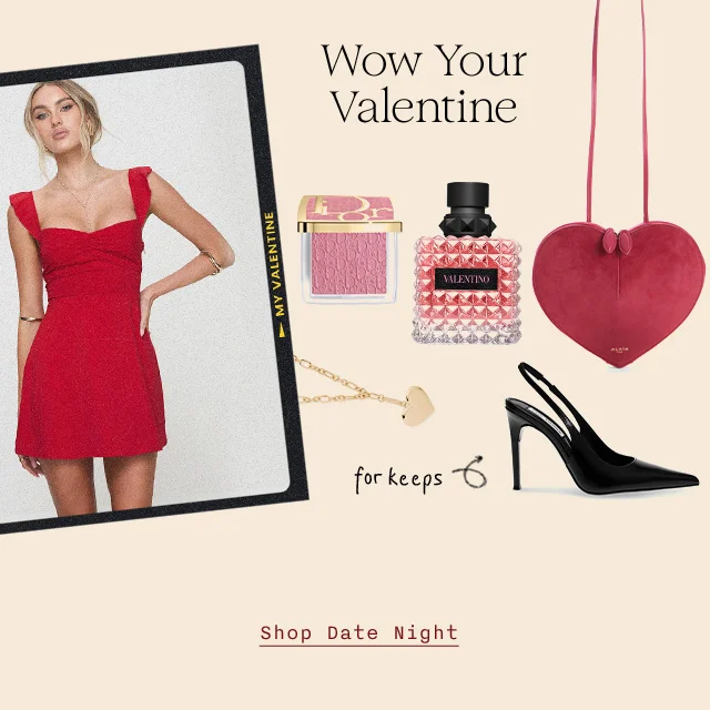 Wow your valentine. A woman wearing a red dress. Blush, fragrance, jewelry, black heels and a heart-shaped bag.
