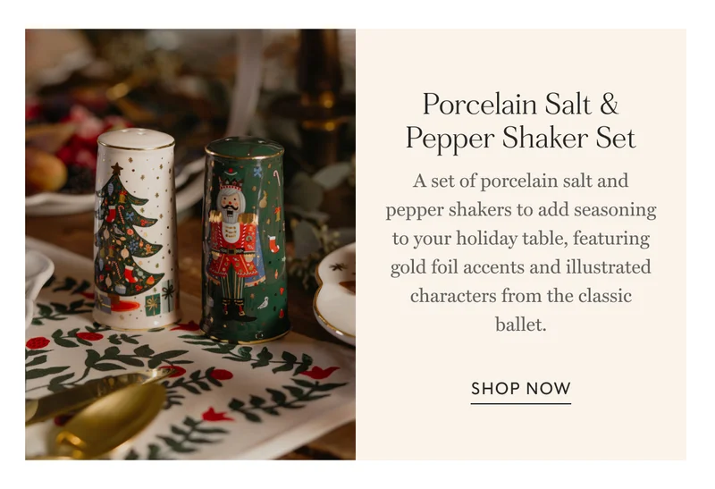 Porcelain Salt & Pepper Shaker Set, A set of porcelain salt and pepper shakers to add seasoning to your holiday table, featuring gold foil accents and illustrated characters from the classic ballet. shop now