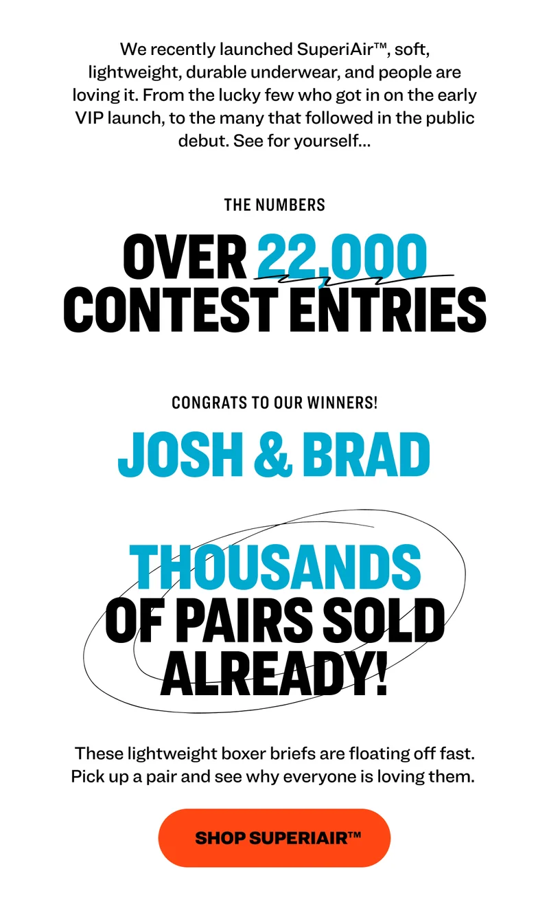We recently launched SuperiAir™, soft, lightweight, durable underwear, and people are loving it. From the lucky few who got in on the early VIP launch, to the many that followed in the public debut. See for yourself… The numbers Over 22,000 Contest entries congrats to our winners! Josh & brad thousands of pairs sold already! These lightweight boxer briefs are floating off fast. Pick up a pair and see why everyone is loving them.&nbsp; Shop SuperiAir™