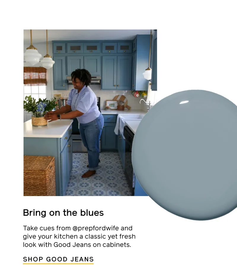 Bring on the blues. Take cues from @prepfordwife and give your kitchen a classic yet fresh look with Good Jeans on cabinets. SHOP GOOD JEANS