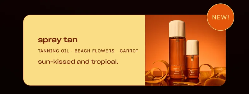 spray tan tanning oil • beach flowers • carrot sun-kissed and tropical.