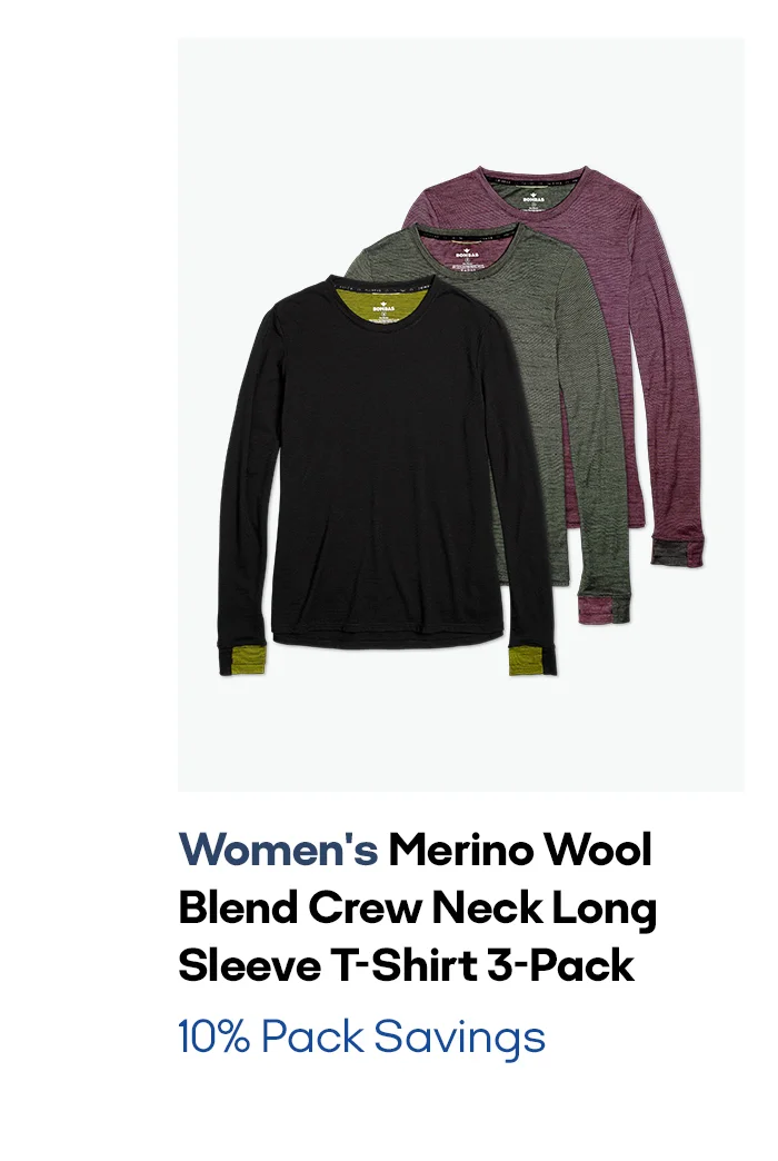 Women's Merino Wool Blend Crew Neck Long Sleeve T-Shirt 3-Pack