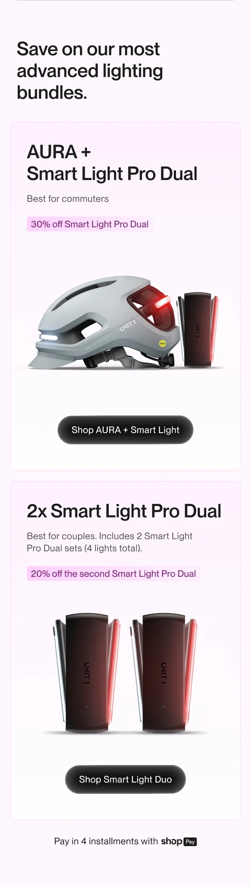 Valentine’s lighting bundles: AURA + Smart Light Pro Dual (30% off Smart Light Pro Dual) and 2x Smart Light Pro Dual (20% off the second), plus ‘Pay in 4 installments with Shop Pay’.