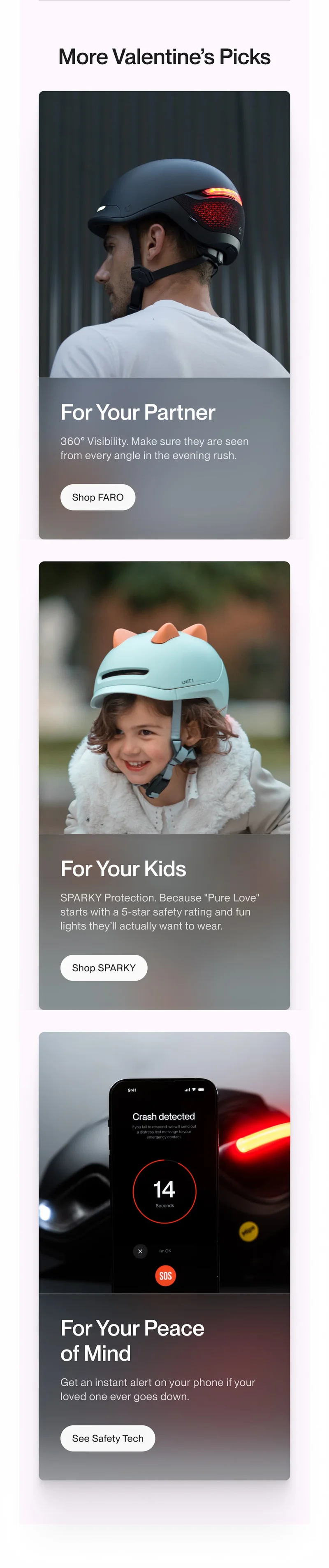 Three product tiles: For Your Partner (Shop FARO), For Your Kids (Shop SPARKY), and For Your Peace of Mind (See Safety Tech) with helmet and app imagery.